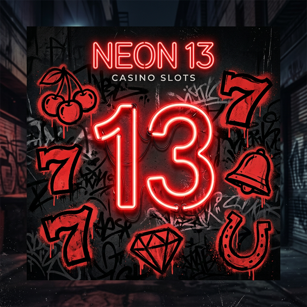 Neon red number 13 on a graffiti wall surrounded by slot reel symbols