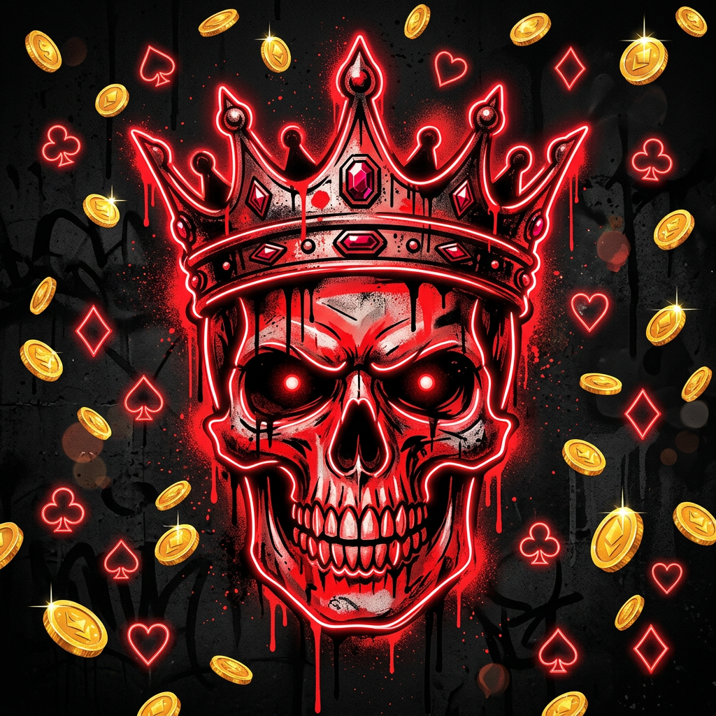 Graffiti skull wearing a crown surrounded by neon red card suits and coins