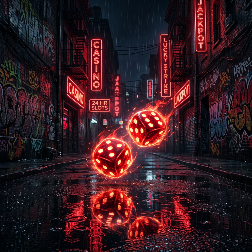 Two glowing red dice above a rainy neon-lit city street